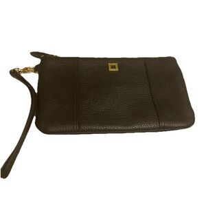 LODIS Logo Pebble Black Leather Zipper Wristlet  Clutch with Gold Accents.